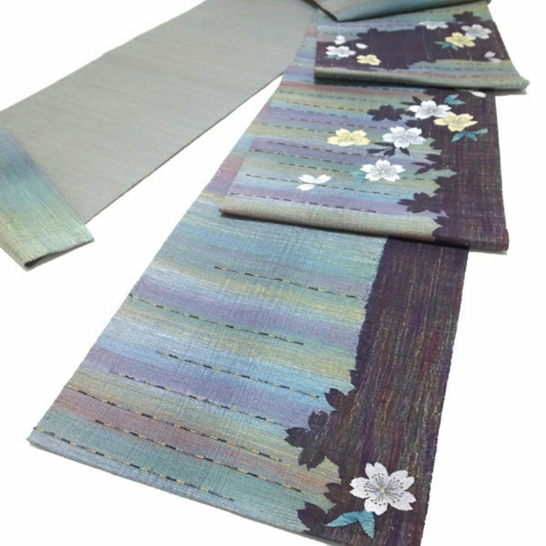 袋帯 緑 青 紫 桜 霞 シルエット 上質 春 カジュアル 中古 袋帯 緑 青 紫 桜 霞 シルエット 上質 春 カジュアル 中古