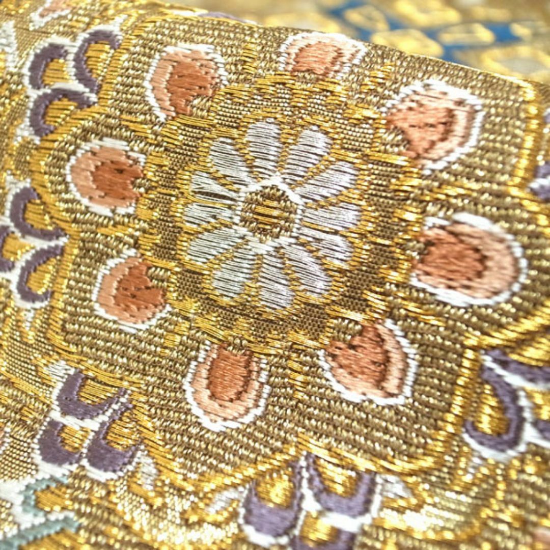 西陣 - 袋帯 京都 西陣 道長菱華文 金銀糸 金色地 華文 道長取り 西陣 - 袋帯 京都 西陣 道長菱華文 金銀糸 金色地 華文 道長取り