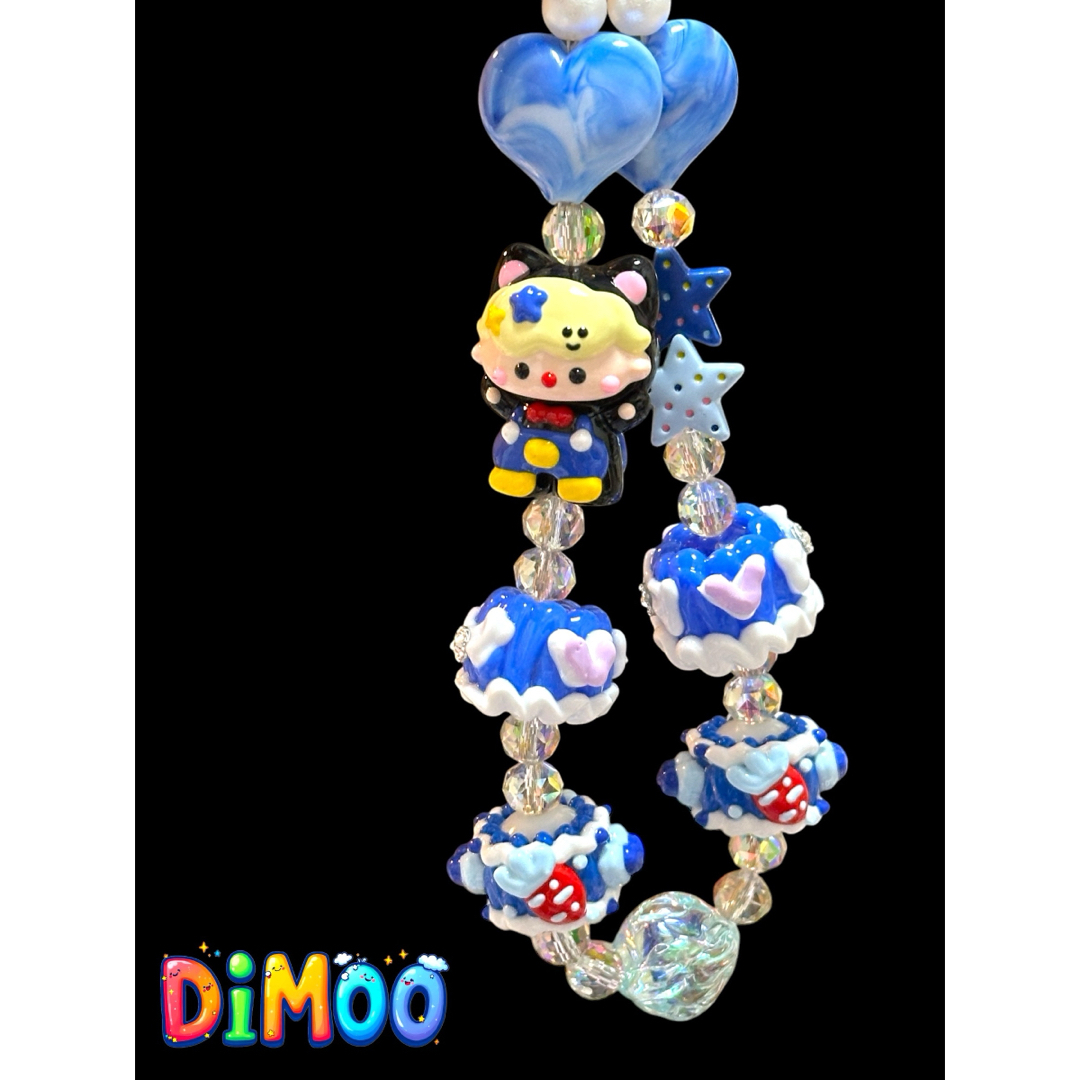 ☆ブルー ペイント　DIMOO ガラスビーズ　ストラップ☆ ハンドメイドのアクセサリー(キーホルダー/ストラップ)の商品写真