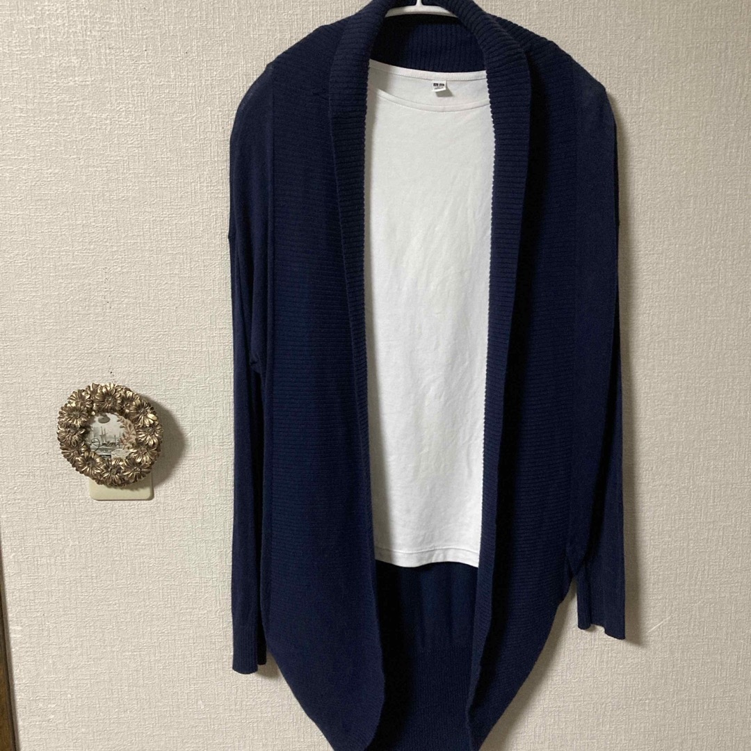 薄手ロングカーディガン、襟リブ編み ネイビーの通販 by ふゆ's 薄手ロングカーディガン、襟リブ編み ネイビーの通販 by ふゆ's