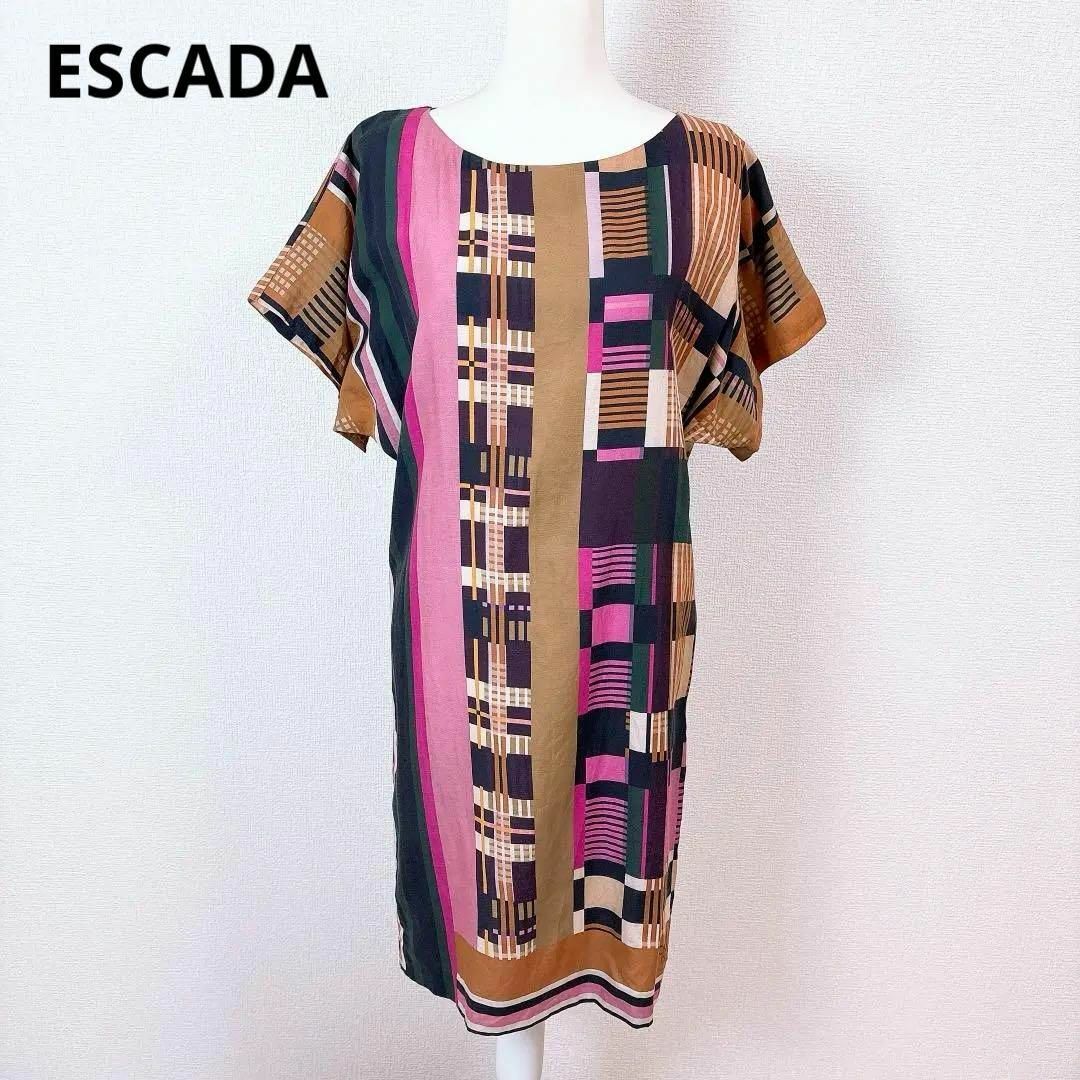 ESCADA - エスカーダ スポーツ シルク混 半袖ワンピース 総柄 36 ESCADA - エスカーダ スポーツ シルク混 半袖ワンピース 総柄 36