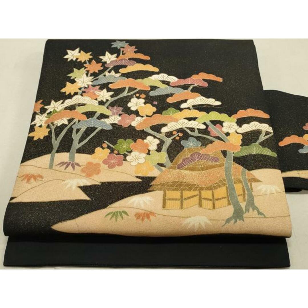 平和屋着物◎塩瀬 九寸名古屋帯 作家物 枝風景文 黒地 金彩 正絹 平和屋着物◎塩瀬 九寸名古屋帯 作家物 枝風景文 黒地 金彩 正絹