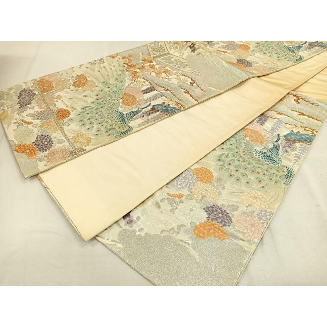 平和屋着物◎六通柄袋帯 孔雀草花文花 銀糸 正絹 逸品 平和屋着物◎六通柄袋帯 孔雀草花文花 銀糸 正絹 逸品