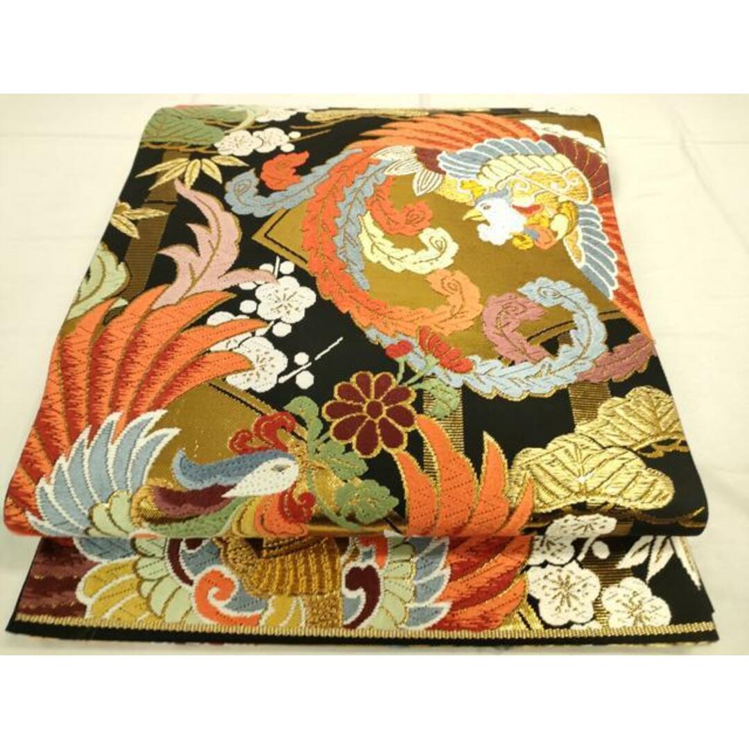 平和屋着物◎六通柄袋帯 唐織 鳳凰花文 黒地 金糸 さが美扱い 平和屋着物◎六通柄袋帯 唐織 鳳凰花文 黒地 金糸 さが美扱い