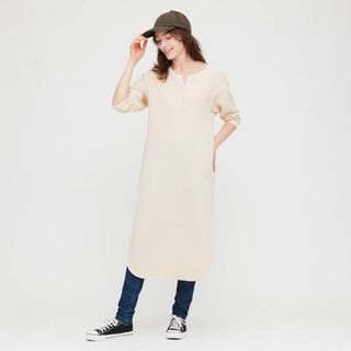 UNIQLO ワッフルキーネックワンピース（七分袖） 白 ユニクロ M 9号
