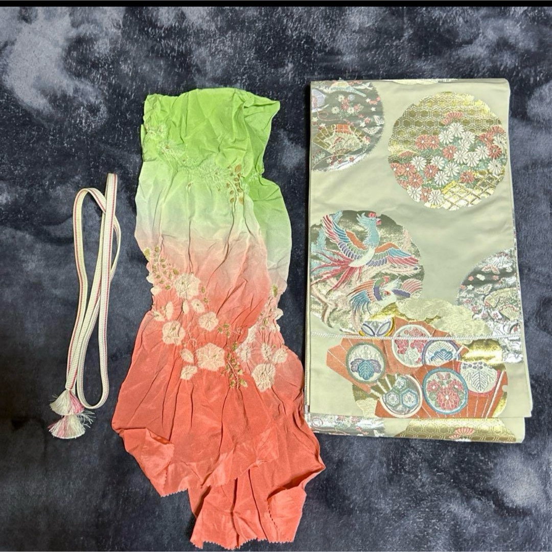 正絹縮緬友禅訪問着フルセット4点 美品着物+特選帯+帯締め+ 正絹縮緬友禅訪問着フルセット4点 美品着物+特選帯+帯締め+