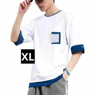 オーガニックコットン❣️ tシャツメンズ カットソー 半袖レイヤード風　XL 白(ノーカラージャケット)