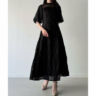 ジュノア(JUNOAH)の【Aブラック】パフスリーブフラワージャガードワンピース(ロングワンピース/マキシワンピース)