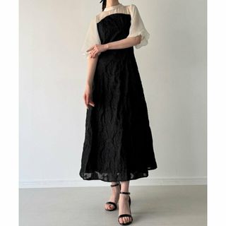 ジュノア(JUNOAH)の【Bブラック】パフスリーブフラワージャガードワンピース(ロングワンピース/マキシワンピース)
