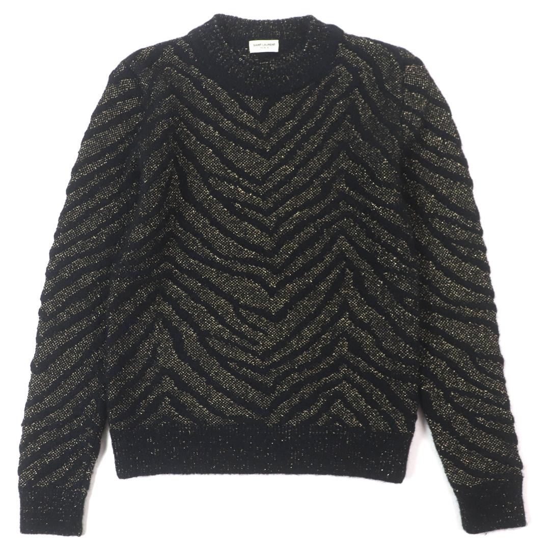 SAINT LAURENT(サンローラン)の極美品▼SAINT LAURENT PARIS サンローランパリ 536675 モヘア ウール 総柄 クルーネック ニットセーター ブラック ゴールド XS イタリア製 正規品 メンズ メンズのトップス(ニット/セーター)の商品写真