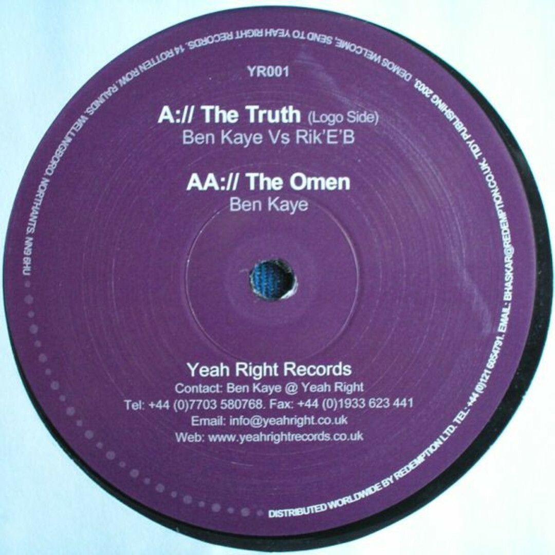 英12” Ben Kaye, RikEB / Ben Kaye The Truth / The Omen YR001 Yeah Right Records /00250 エンタメ/ホビーのエンタメ その他(その他)の商品写真
