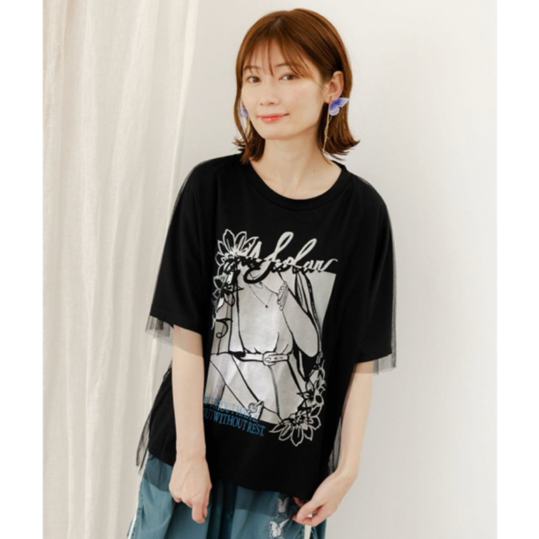 iS ScoLar - iS ScoLar ワンシーン箔プリント チュール重ねTシャツ