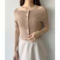 【ピンクベージュ】【L】mipiarl オフショル半袖ニットカーディガン