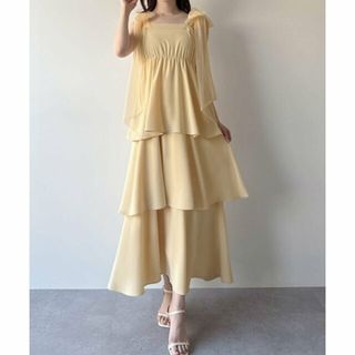 ジュノア(JUNOAH)の【イエロー】mipiarl  チュールリボンティアードキャミワンピース(ロングワンピース/マキシワンピース)