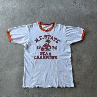 ヴィンテージ(VINTAGE)の70s リンガーtシャツ USA製 L相当 オレンジ 4段プリント (Tシャツ/カットソー(半袖/袖なし))