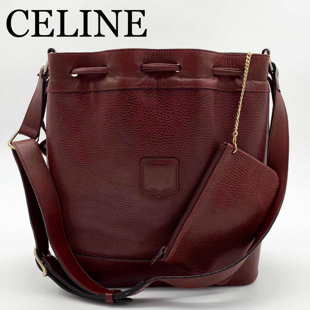 CELINE - CELINE 巾着バッグ トリオンフ型押し ボルドー レザー CELINE - CELINE 巾着バッグ トリオンフ型押し ボルドー レザー