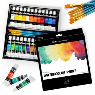 Ohuhu 水彩絵の具セット 24色 6本水彩筆 絵の具 絵具 水彩画セット画材(その他)