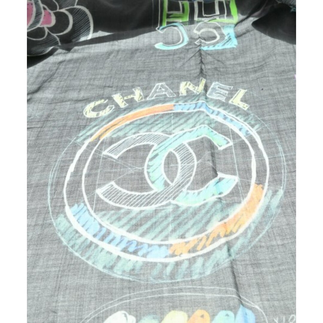 CHANEL - CHANEL シャネル ストール - 黒x水色xグレー系等(総柄 CHANEL - CHANEL シャネル ストール - 黒x水色xグレー系等(総柄