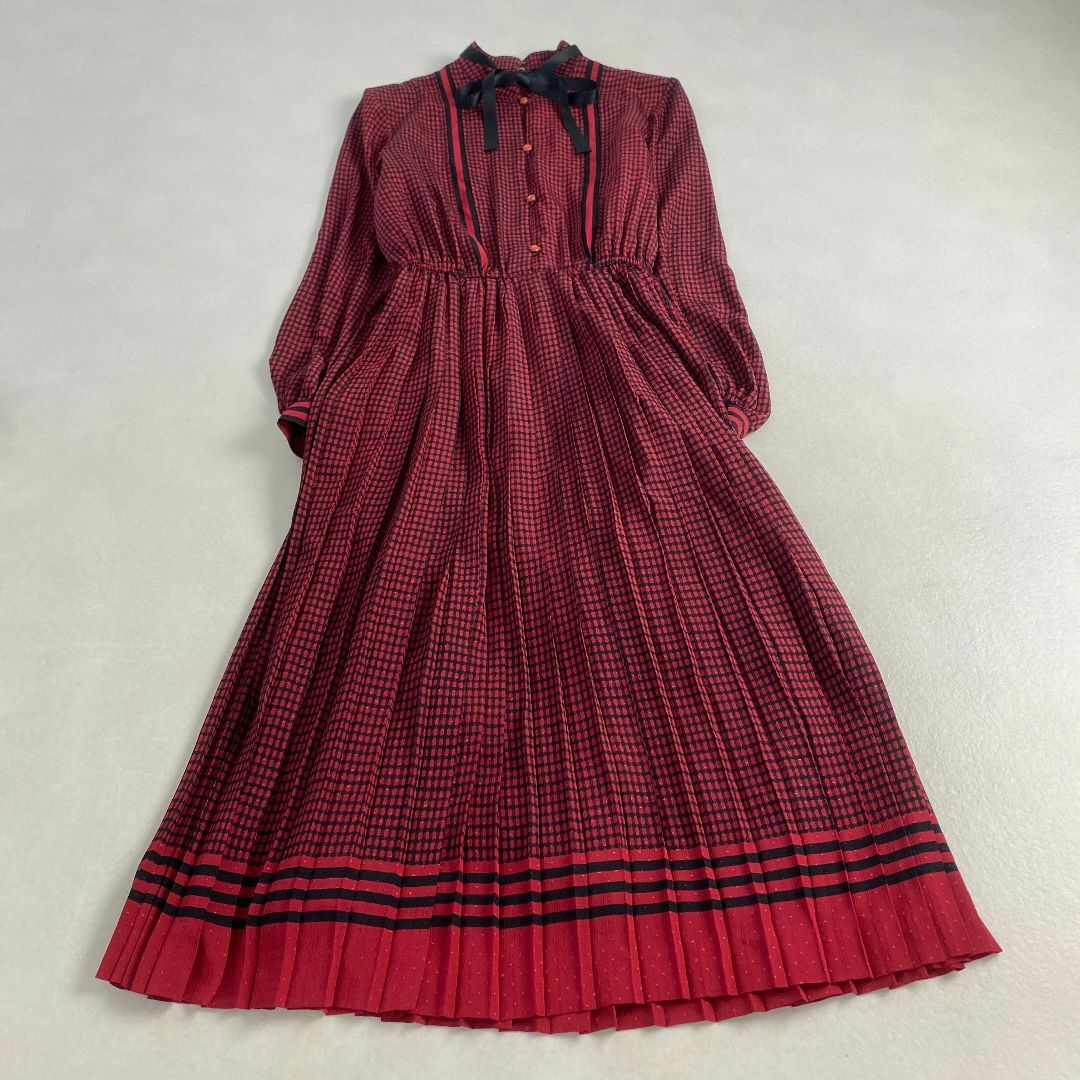 VINTAGE - ヴィンテージ　ロングワンピース　長袖　チェック柄　赤　ゴスロリ　ボウタイ