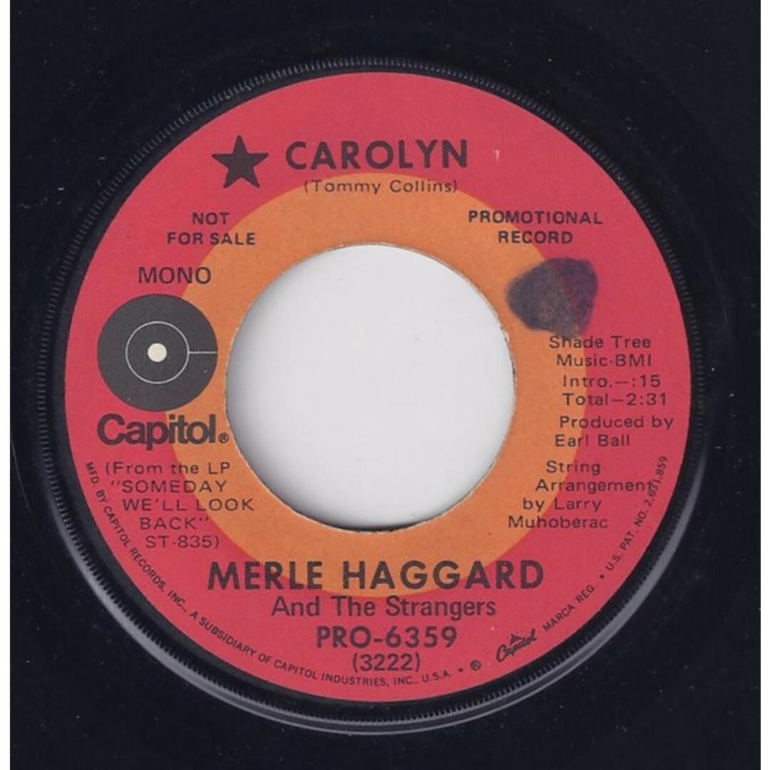米7" Merle Haggard And The Strangers Carolyn PRO6359PROMO Capitol Records プロモ /00080 エンタメ/ホビーのエンタメ その他(その他)の商品写真