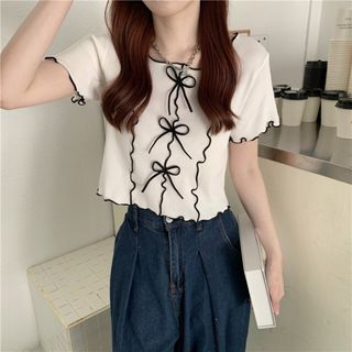 レディース　半袖　トップス　tシャツ　白　黒　free　リボン　バレエコア(Tシャツ(半袖/袖なし))