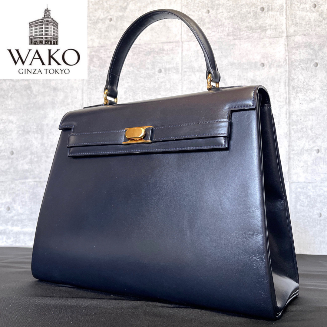 良品】WAKO 銀座和光 カーフレザー ネイビー ゴールド金具 良品】WAKO 銀座和光 カーフレザー ネイビー ゴールド金具