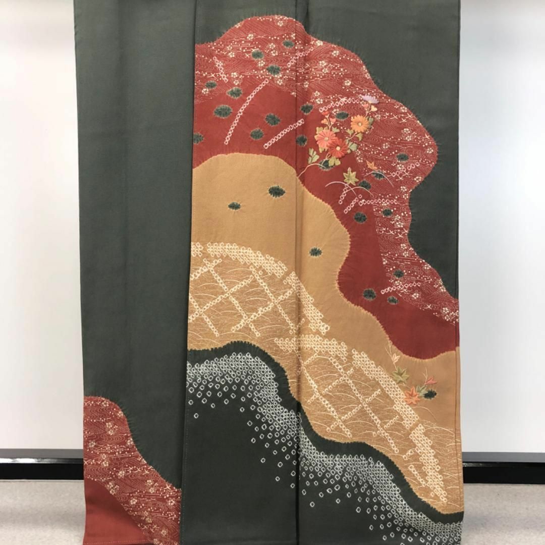 訪問着 絞り柄 刺繍の花模様 薩摩納戸色 K-4664 レディースの水着/浴衣(着物)の商品写真