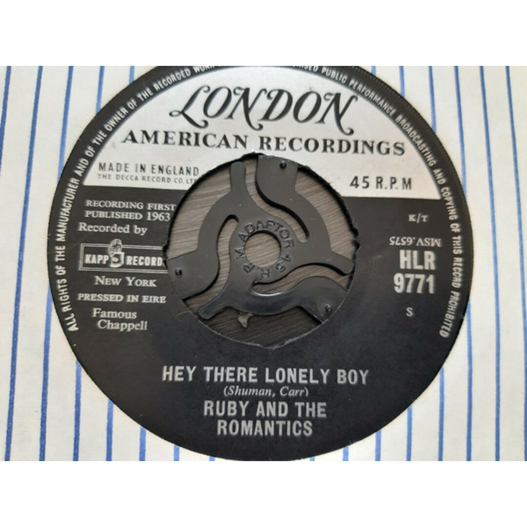 アイルランド7" Ruby And The Romantics Hey There Lonely Boy / Not A Moment Too Soon HLR9771 London American Recordings /00080 エンタメ/ホビーのエンタメ その他(その他)の商品写真