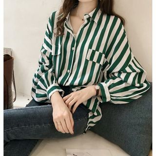 【再入荷】レディース　ストライプ　シャツ　女性　長袖　ブラウス　新品未使用