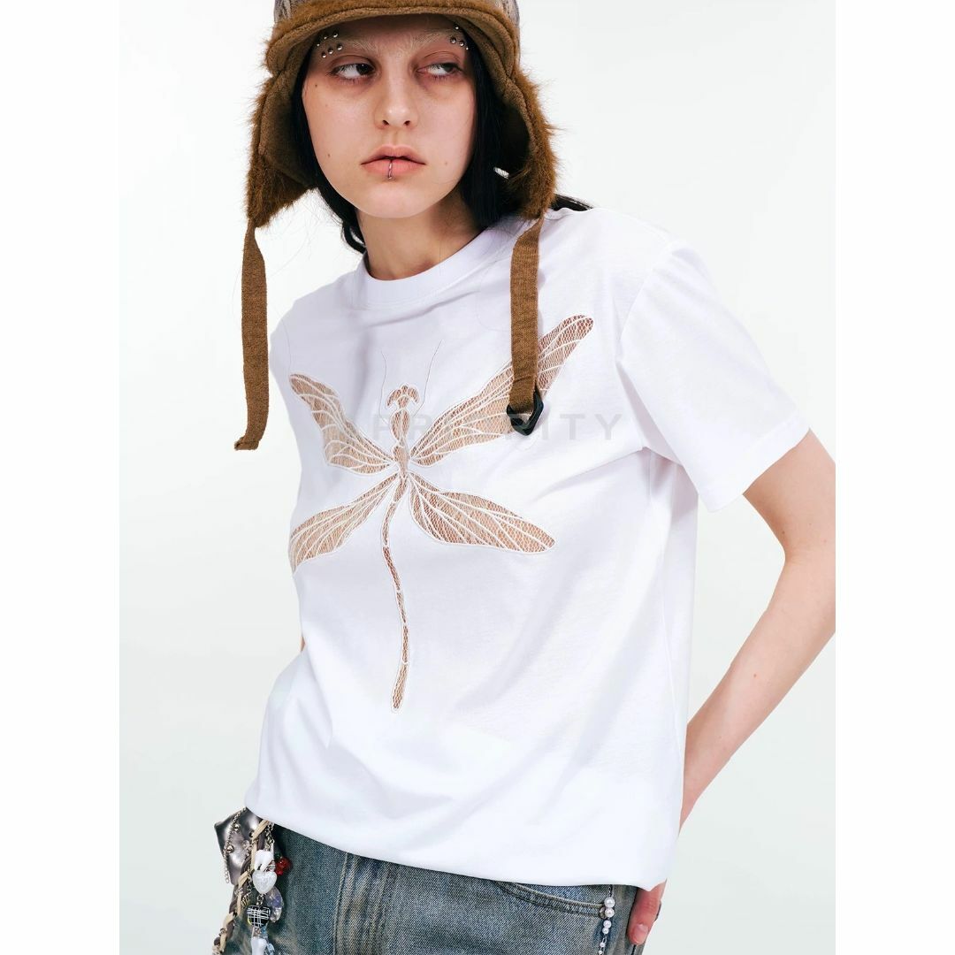 Acne Studios - APRIORITY カットアウト レース トンボ柄 Tシャツ コットン Acne Studios - APRIORITY カットアウト レース トンボ柄 T
