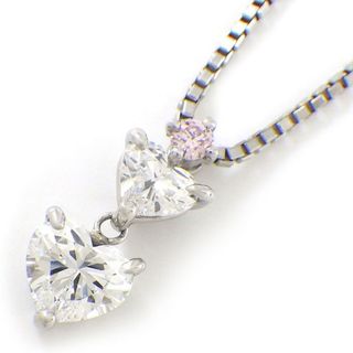 【ハートシェイプダイヤモンド】 ネックレス ハート 2モチーフ ハートシェイプ ダイヤモンド 0.533ct(F/VS2) ハートシェイプ ダイヤモンド 0.202ct(E/VS2) ラウンドカット ピンク ダイヤモンド 0.037ct(FLP/VS2) PT850 【中古】(ネックレス)