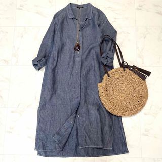 コムサイズム(COMME CA ISM)の美品 洗える コムサイズム フレンチリネン デニムシャツワンピース ネイビー 7(ロングワンピース/マキシワンピース)