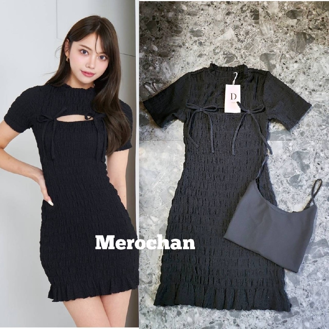 Darich - ダーリッチ リボンシャーリングミニワンピース BLK 【F Darich - ダーリッチ リボンシャーリングミニワンピース BLK 【F
