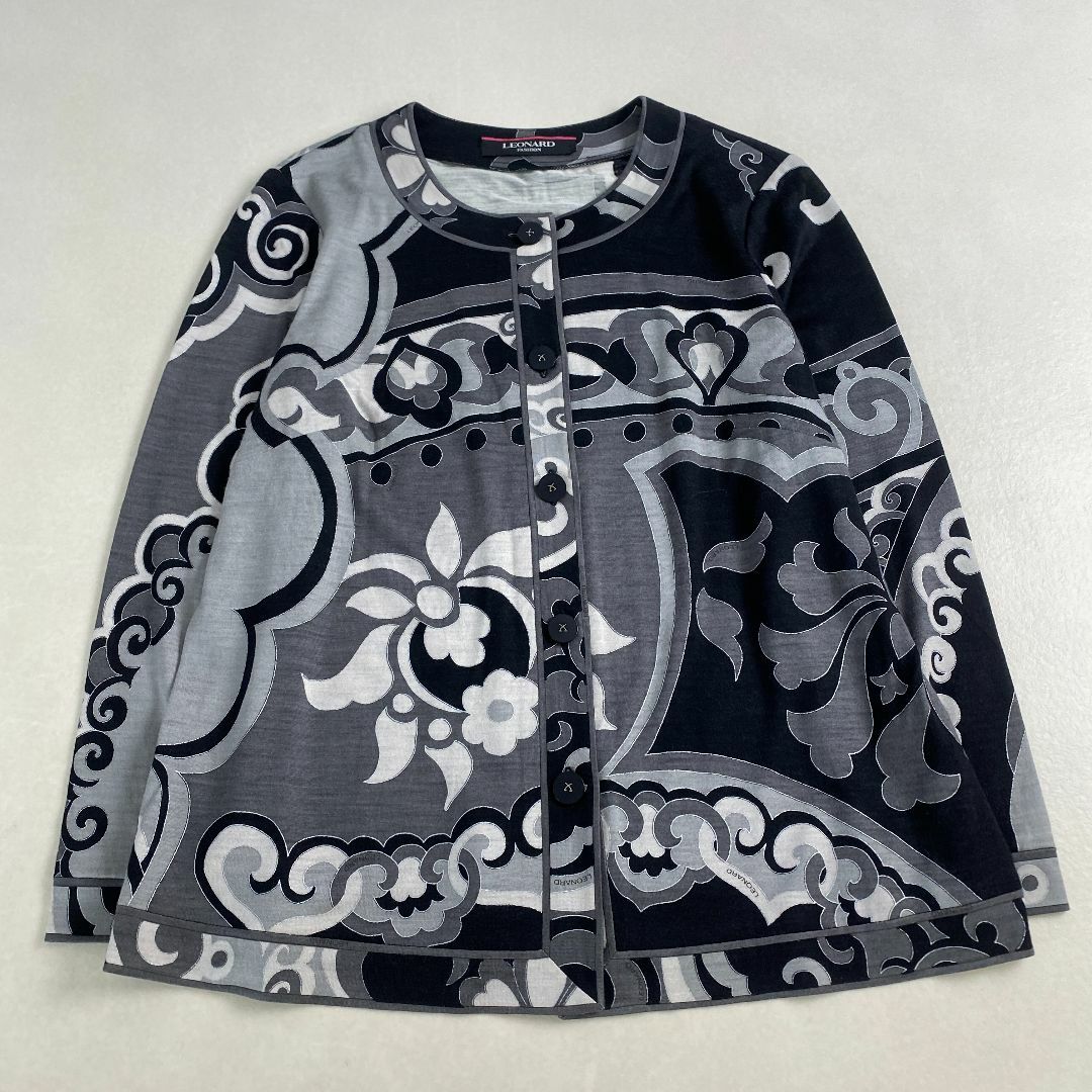 LEONARD - レオナール　カーディガン　両面総柄　シルク　ウール　黒　グレー　L