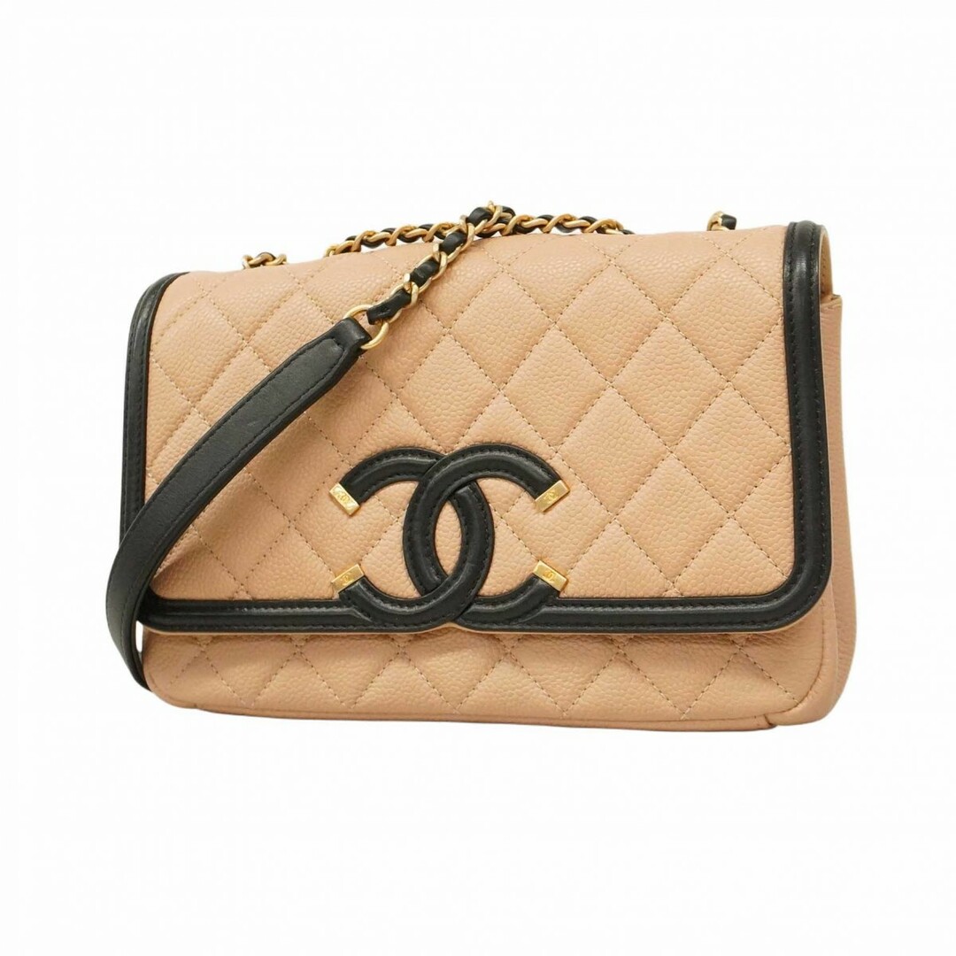 CHANEL - ★SALE【5de6398】シャネル ショルダーバッグ マトラッセ Wチェーン キャビアスキン ベージュ ブラック ゴールド金具【中古】レディース