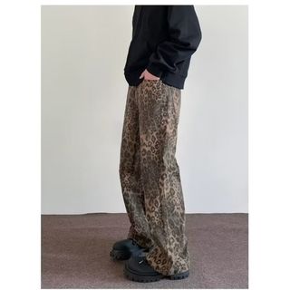 デニムパンツ ジーンズ ヒョウ柄 レオパード ストレート 大きいサイズ XL(デニム/ジーンズ)