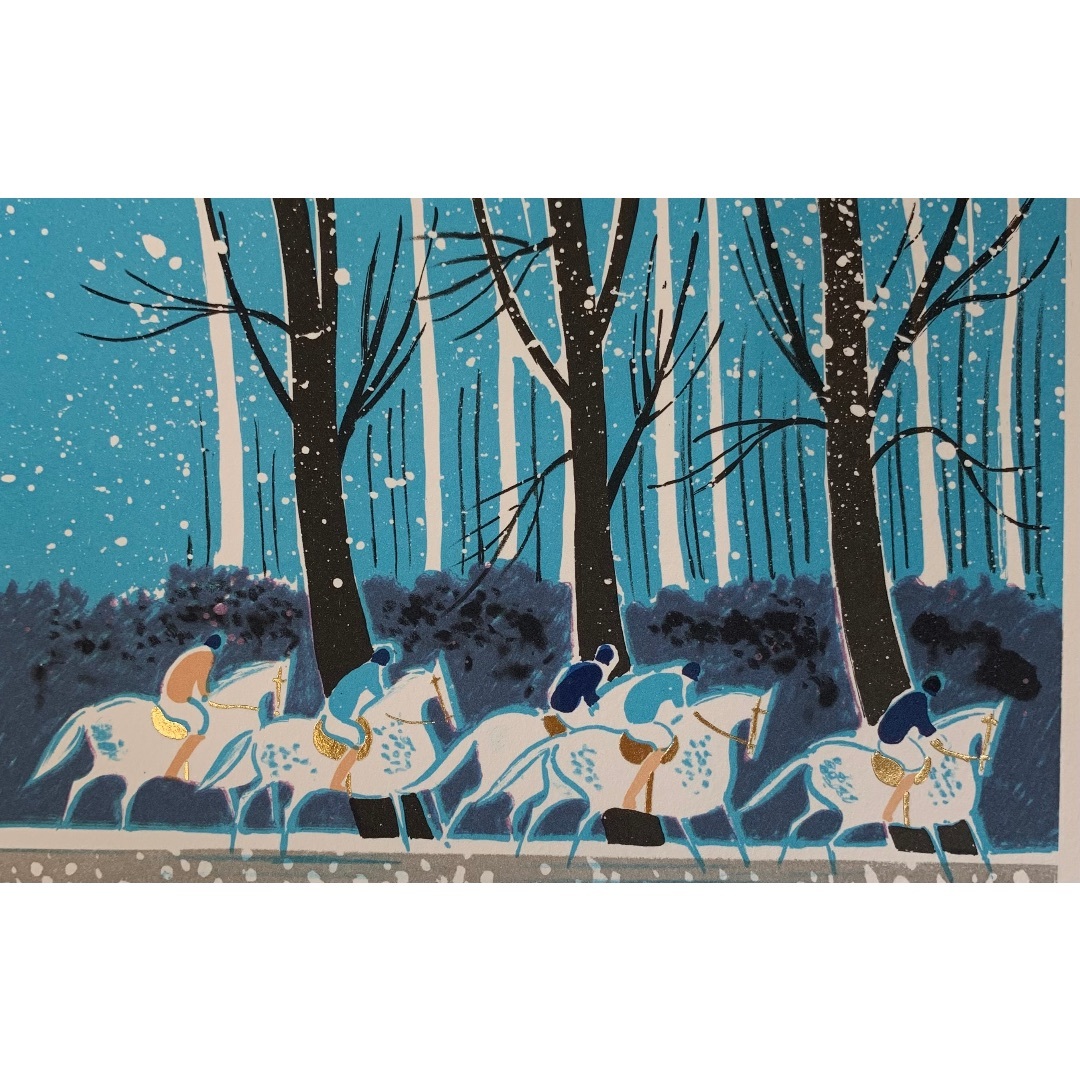 セルジュ・ラシス「雪景色の中の白馬」リトグラフ　箔押し　作家直筆サイン　版画　馬