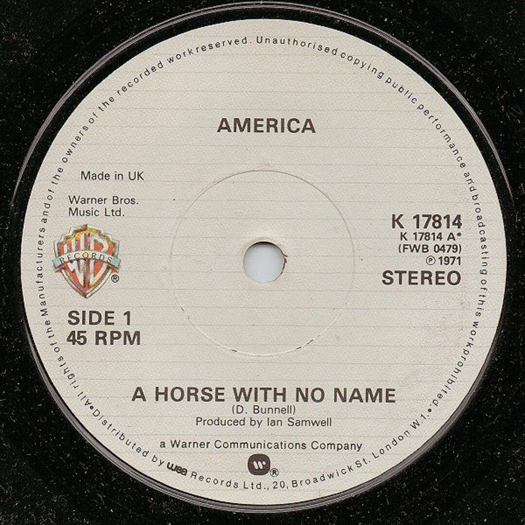 英7" America A Horse With No Name K17814 Warner Bros. Records, Warner Bros. Records /00080 エンタメ/ホビーのエンタメ その他(その他)の商品写真