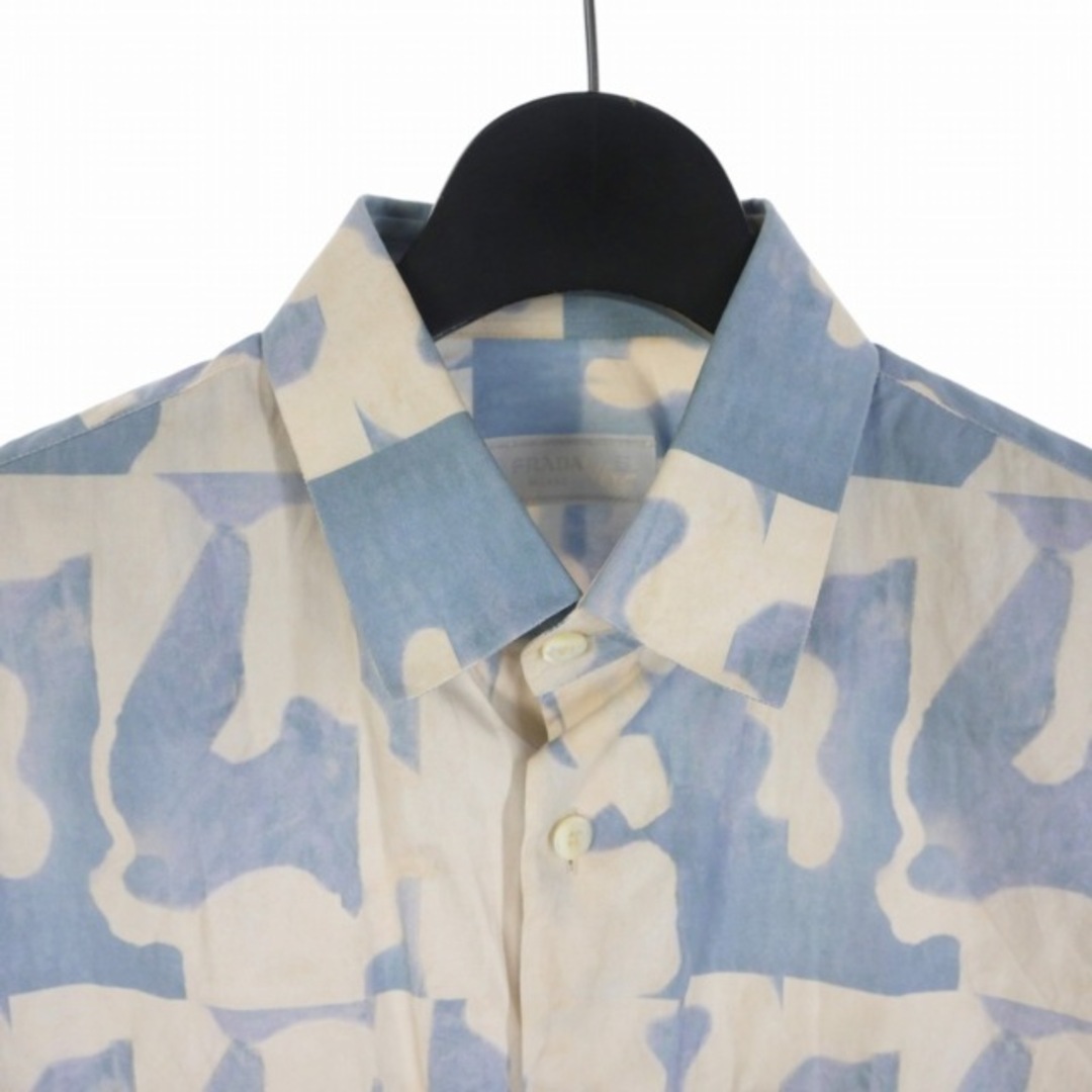 プラダ PRADA 総柄 シャツ 長袖 39 M ブルー ホワイト メンズ