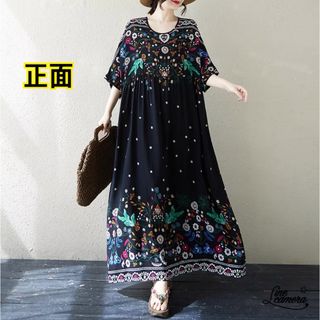 F【新品】春夏　薄手　黒地　花柄　フラワー　丸襟　マキシ丈　ゆったり　Aライン(ロングワンピース/マキシワンピース)