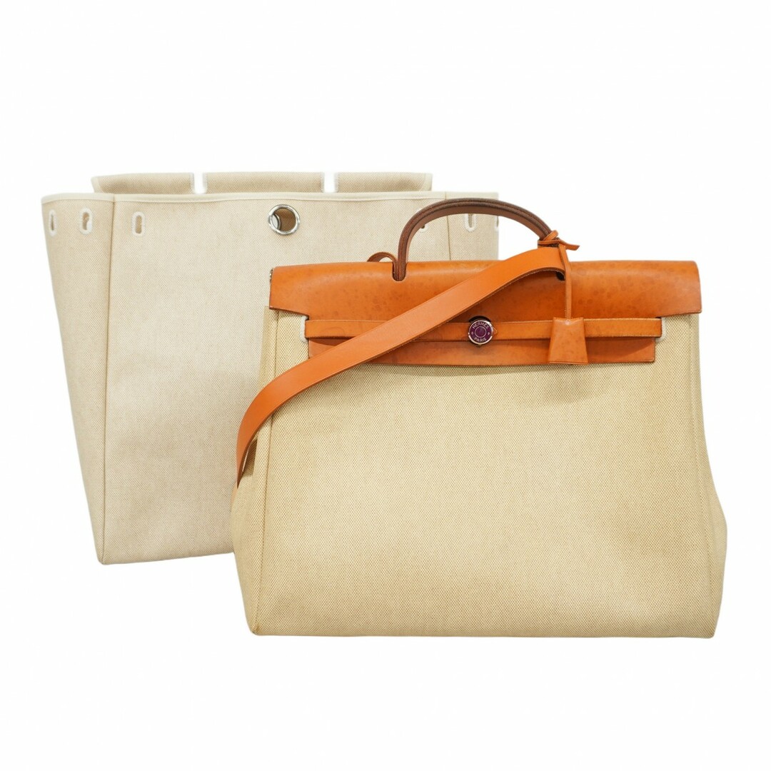 HERMES - 【5de6593】エルメス ハンドバッグ エールバッグMM トワルアッシュ ナチュラル シルバー金具 □C刻印【中古】レディース