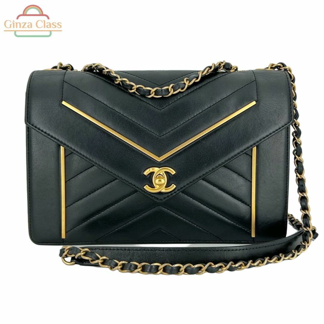 CHANEL - CHANEL シャネル シェブロン Vステッチ 2WAY チェーンショルダーバッグ カーフスキン ブラック ゴールド金具 24番台（2018年頃） レディース 斜め掛け 肩掛け クロスボディー Ginza Class Luxury Shop