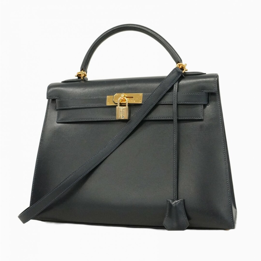 HERMES - ★SALE【5ea0520】エルメス ハンドバッグ ケリー32 ボックスカーフ ネイビー ゴールド金具 〇X刻印【中古】レディース