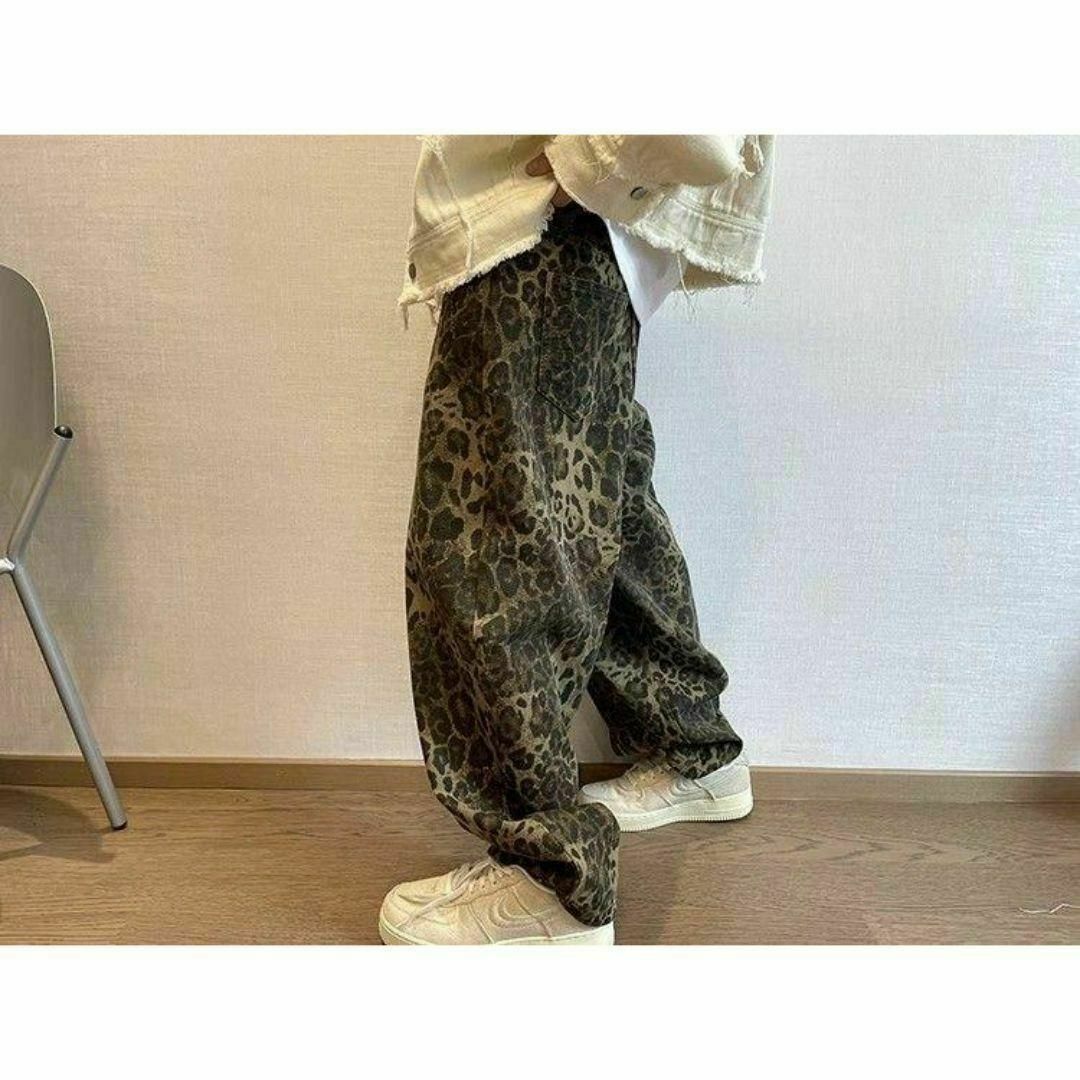 ヒョウ柄　デニムパンツ XL カジュアル レトロ ストリート ワイドパンツ メンズのパンツ(デニム/ジーンズ)の商品写真