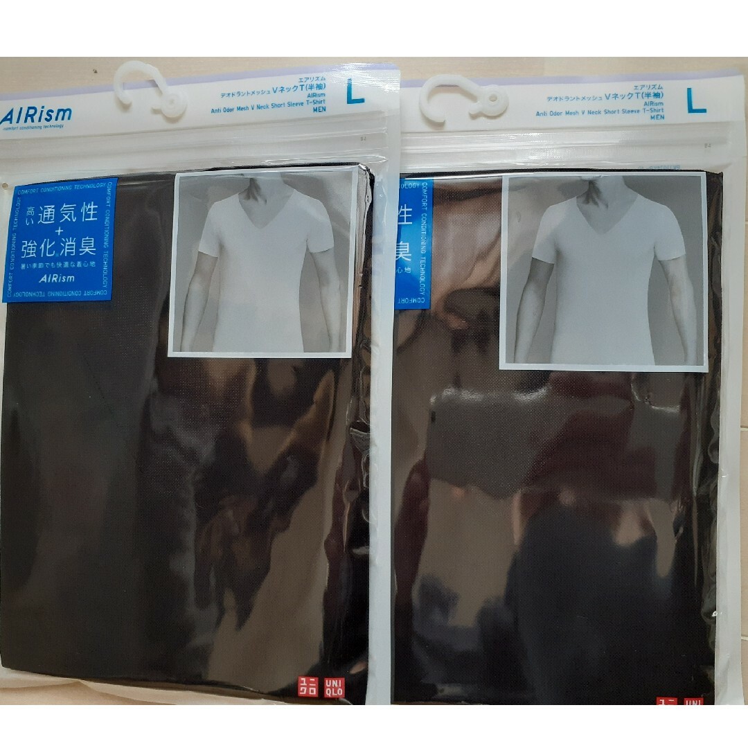 UNIQLO(ユニクロ)のユニクロ エアリズム L デオドラントメッシュ Vネック 黒 半袖 2枚セット メンズのトップス(Tシャツ/カットソー(半袖/袖なし))の商品写真
