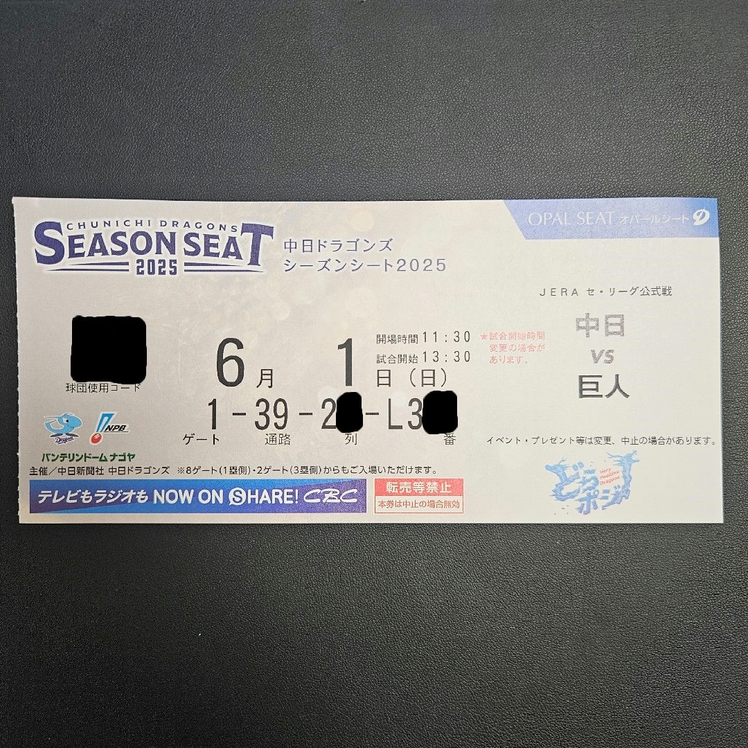 6/1 中日ドラゴンズ vs 読売ジャイアンツ 観戦チケット1枚 チケットのスポーツ(野球)の商品写真