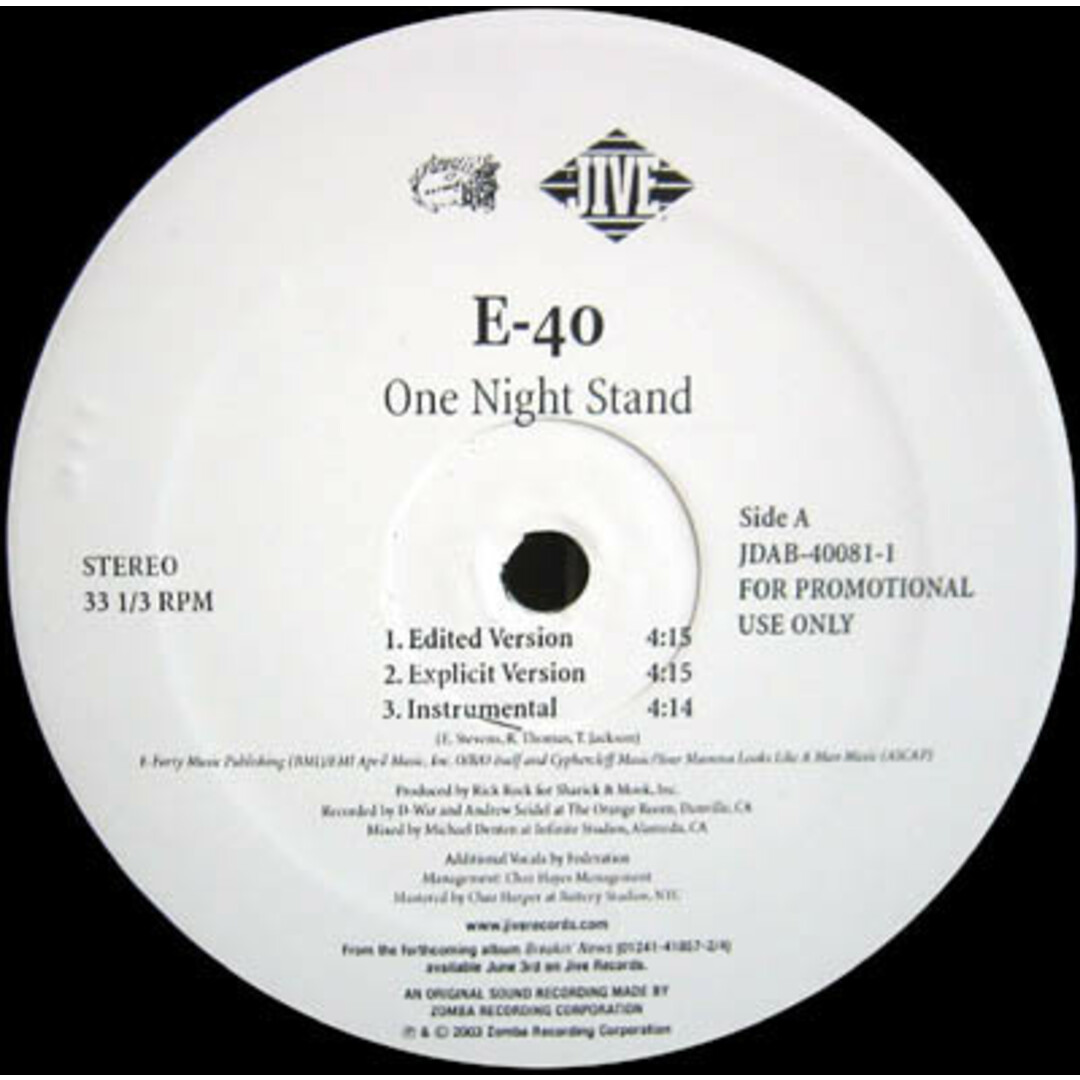 米12" E-40 One Night Stand / Gasoline JDAB400811PROMO Jive プロモ /00250 エンタメ/ホビーのエンタメ その他(その他)の商品写真