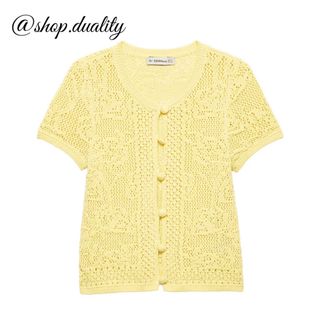 🎧5月新作🛼17134◆yellow メッシュ 半袖 ニット カーディガン(カーディガン)