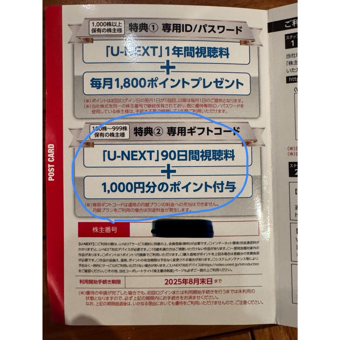 最新 ユーネクスト U-NEXT 株主優待 90日間視聴+1000p チケットの優待券/割引券(その他)の商品写真