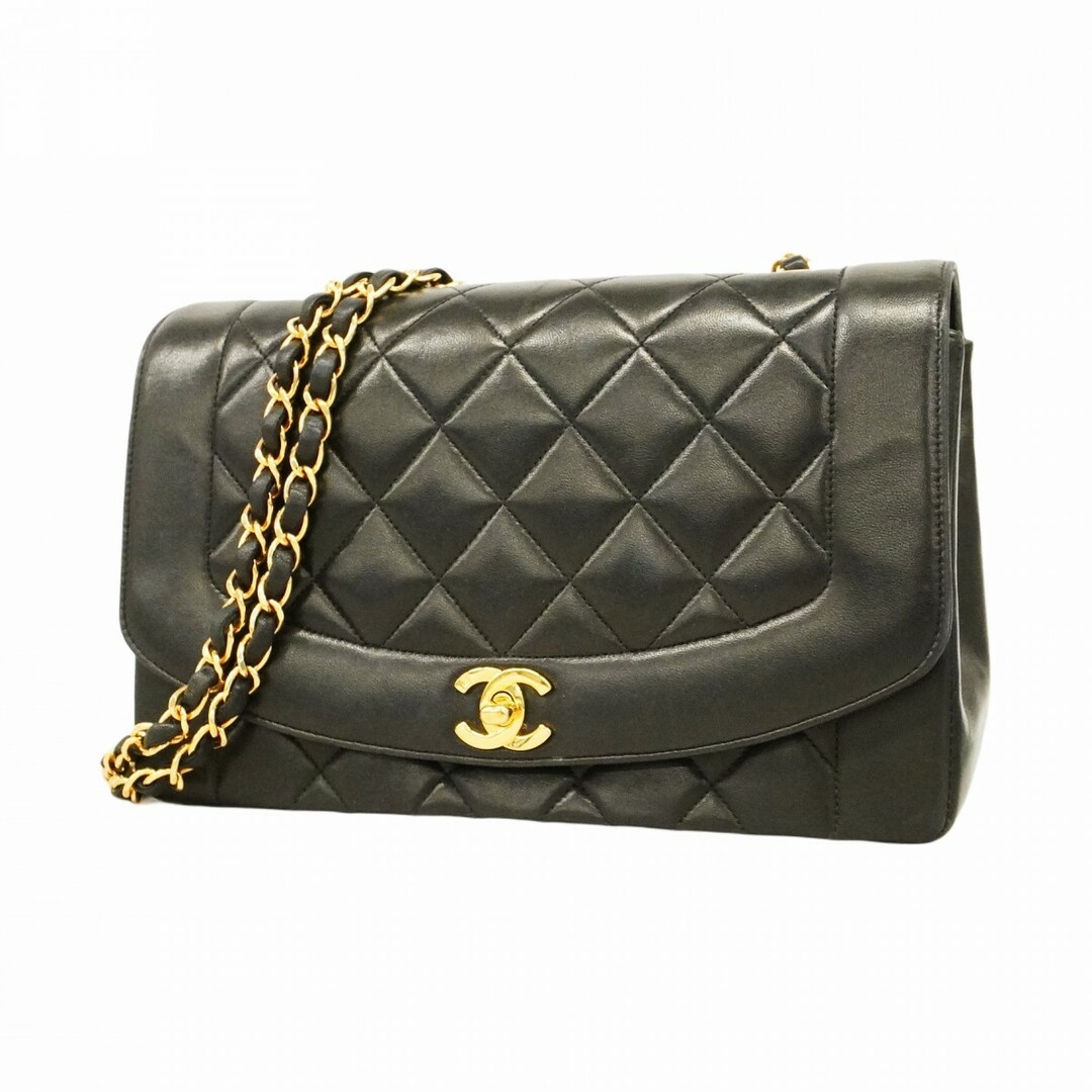 CHANEL - ★SALE【5ea0586】シャネル ショルダーバッグ ダイアナ チェーンショルダー ラムスキン ブラック ゴールド金具【中古】レディース